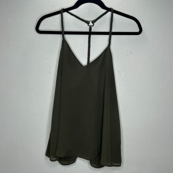 Marciano Olive Green V-Neck Braided Racer Back Straps Flowy Semi Sheer Blouse SM - Picture 10 of 10